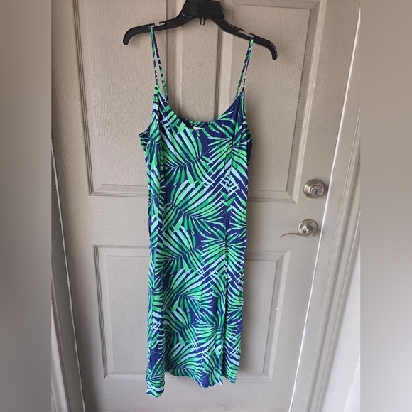 Old Navy Floral Slip Dress Midi Sz L Women Green Blue Palm Leaf Tropical Coastal - Picture 4 of 13